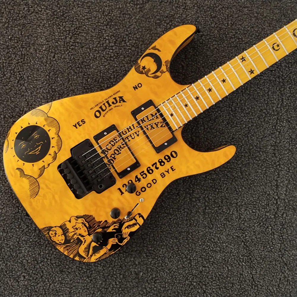 Изготовленная на заказ Желтая гитара Черная аппаратная Kirk Hammett Ouija Красивая электрогитара, по индивидуальному заказу! paypal доступна! es-4