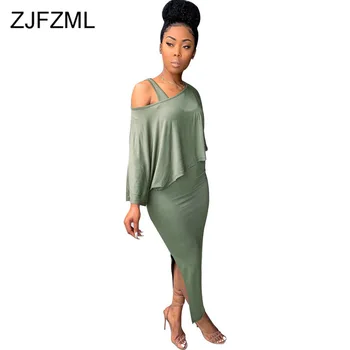 

Solid 2 Piece Set Autumn Clothes for Women Sloping Shoulder Oversized T Shirt + Tank Sleeveless Side Slit Maxi Dress Sweat Suits