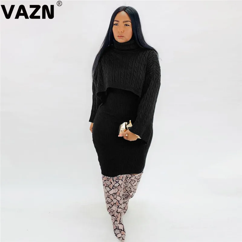 VAZN PN6273 зима Последняя мода неопрятный мягкий сексуальный модный однотонный женский ассиметричный Свободный мини-свитер с высоким воротом и длинным рукавом