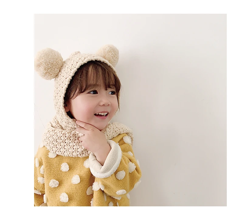 Children Knitted Hat Autumn and Winter Toddler Girl Neck Ear Protection One Baby Winter Warm Wind Hat Small Ball Baby Girl Cap