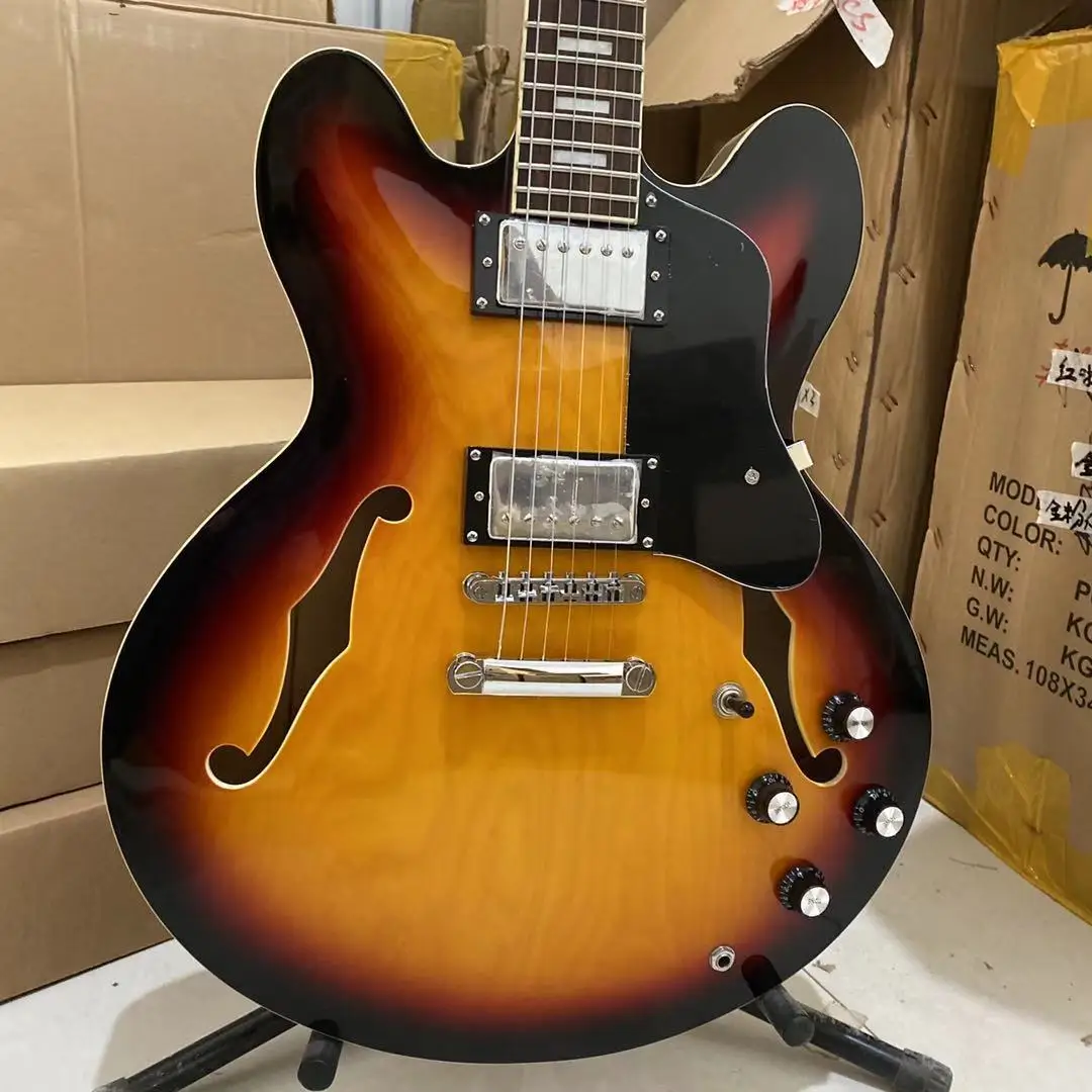 Полуажурная красная электрическая гитара прозрачного цвета Jazz винтажная sunburst