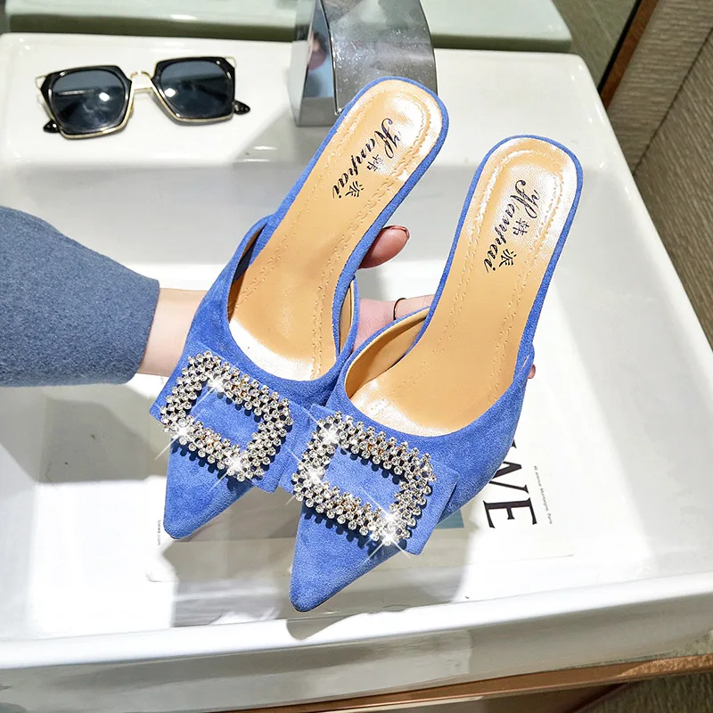 

Slipper Women's Summer 2019 New Style Korean-style Pointed-Toe Suede High-Heel Square Buckle Man-made Diamond Sandals Versatile