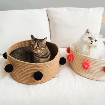 

Comfortable Breathable Cat's House Cotton Rope Woven Round Bed For Cats Basket Pet Sleeping Mat Portable Mini Cat House Nest