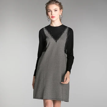 

Autumn Winter Fashion ladies elegant dress contrast color plaid stripe faux two dress Plus size casual vestidos lace patchwork