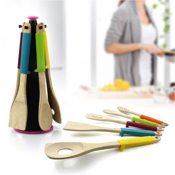 

6 Set Pieces Bamboo Silicone Wooden Spoons Spatulas Heat Resistant For Cookware Kitchen Tools Non Stick Kitchen Cooking Tool