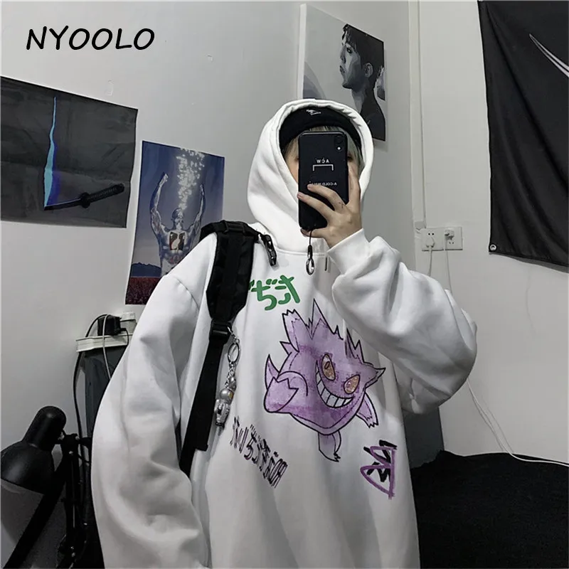 NYOOLO Харадзюку уличный Забавный мультяшный Монстр принт теплые толстовки осень зима плюс бархат с капюшоном пуловер Толстовка для женщин и мужчин