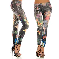 Модные сексуальные женские леггинсы с цветочным принтом, имитация джинсов, эластичные узкие брюки в стиле панк из искусственной джинсовой