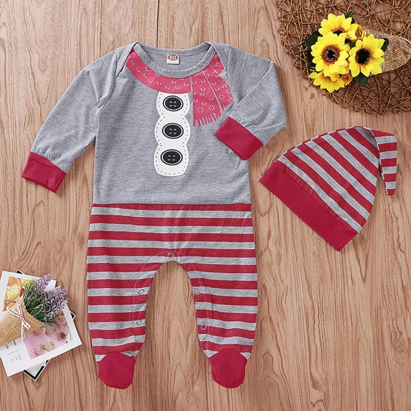 

Baby Foot Romper Newborn Baby Boy Christmas Scarf Print Striped Outfit Jumpsuit Rompers With Hat Clothes set 2 pcs 0-12M