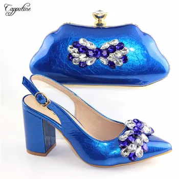 

Latest royal blue sandals with bag nice pointed toe shoes and clutch handbag set with shinning stones 56882-2 heel height 9cm
