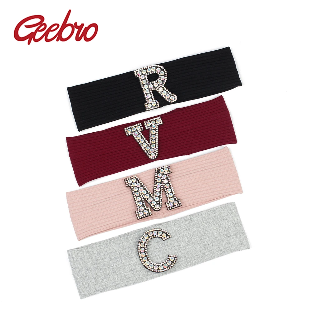 Geebro Children Ribbed Knitted Cotton Headband Baby Boys Elastic Hairband With Letter Rhinestone Headwear New Hair Accessories