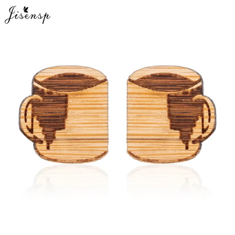 Jisensp Vintage Design Cute Cup Wood Earrings Fashion Jewelry for Women Unique Coffee Cup Stud Earrings Fashion Jewelry Gift
