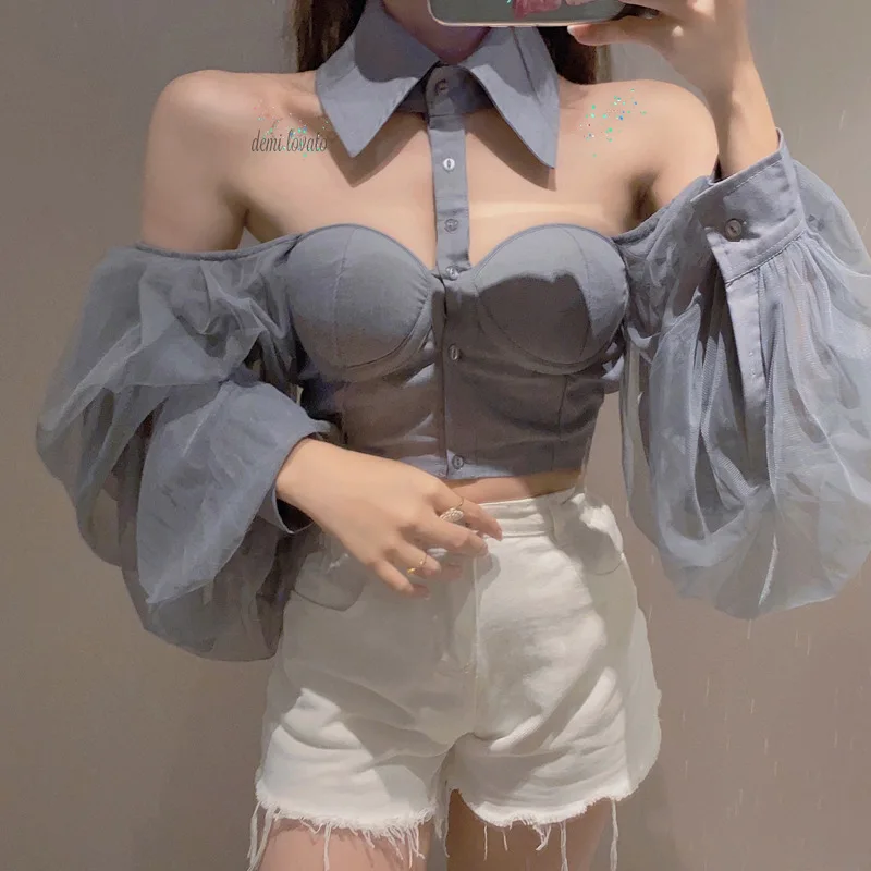 Women Mesh Sheer Blouse See-through Long Sleeve Crop Top Single-breasted Shirt Blouse Fashion Backless Sexy Shirt Female 4