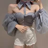 Women Mesh Sheer Blouse See-through Long Sleeve Crop Top Single-breasted Shirt Blouse Fashion Backless Sexy Shirt Female 4