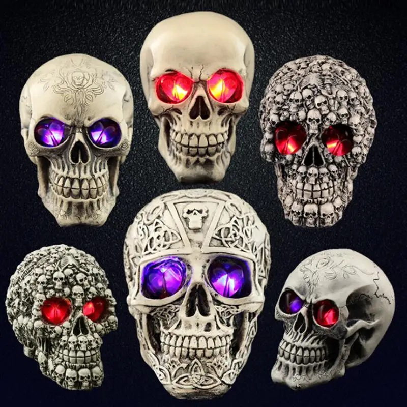 

Halloween Resin Human Skull Replica Skeleton Model with LED Lights Costumes Hounted Scary Creepy Prop Masquerade Decoration