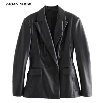 

Autumn Winter Vintage Oversize Ruched PU Blazer Elegant Retro Women Slit Back Mid Long Leather Suit Loose Coat BF Outerwear