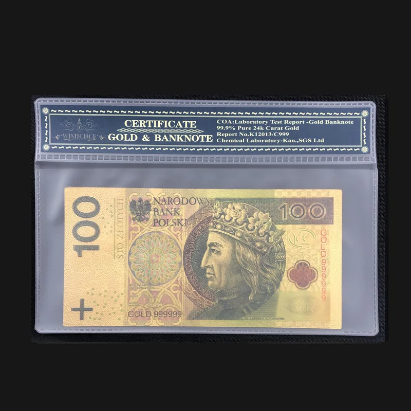 

Nice Poland Banknote 100 PLN Gold Banknote with COA Frame In 24k Gold Plated for Business Collection