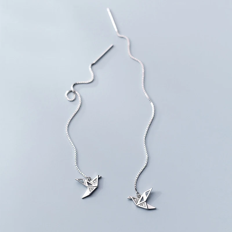 

100% Real 925 Sterling Silver Bird Drop Earrings Cute Geometric Shape Birds Long Pull Through Threader Earrings for Women