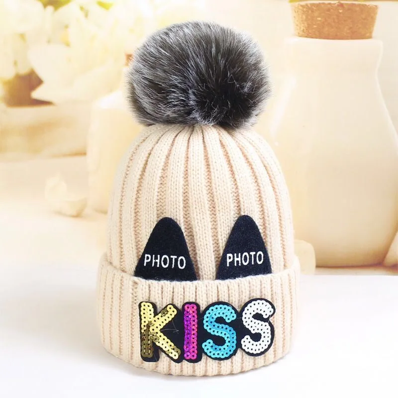 Теплые детские шапки на осень и зиму, для мальчиков и девочек 1-3 лет, с милым рисунком «поцелуй» и бархатным толстым пуловер и шапка - Цвет: kiss-white
