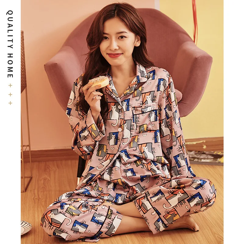 

New Autumn Women Silk Satin Printing Pajamas Set Long Sleeved Shirt and Trousers Home Service Suit Satin Pajamas for Women