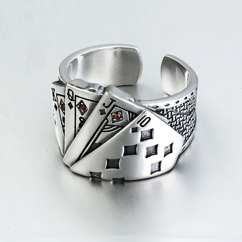 Playing Card Chunky Cubic Zirconia Engraved Adjustable 925 Sterling Silver Ring For Men Vintage Wholesale Jewelry | Украшения и