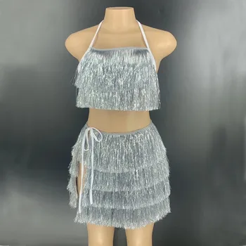

2020 Nightclub Bar Music Festival Costumes Sexy Silver Tassel Outfit Bar Bikini Costume Women Dance Outfit Set Prom Wear Set
