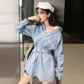 

New Loose Mid-Length Lace Up Slim Fit Slim Denim Shirt Long Sleeve Jacket Women's Wear