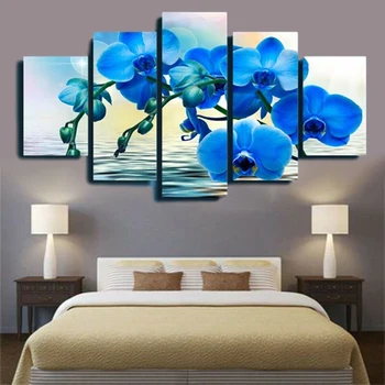 

5pcs Stitching Blue Orchid Flower Canvas Print Wall Painting Home Decoration Canvas No Framed High Quality