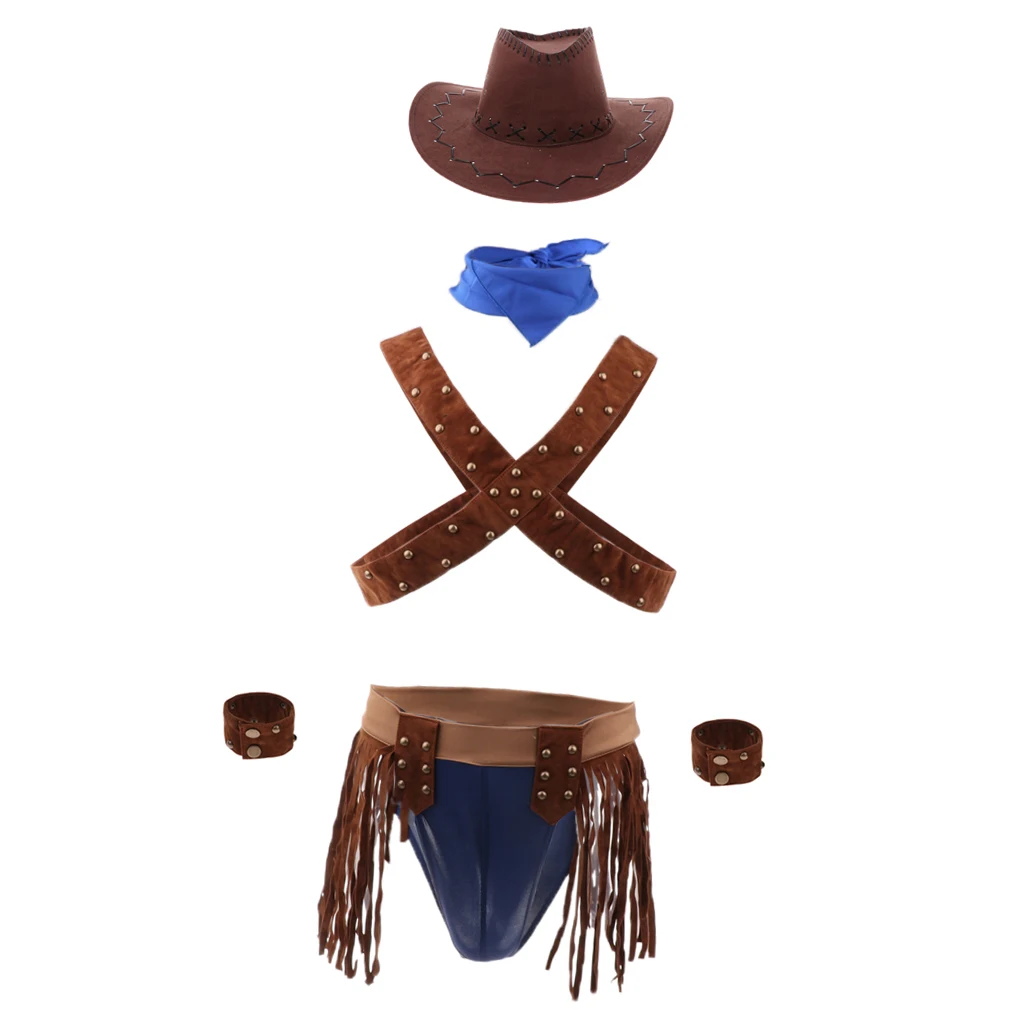 Men Sexy Lingerie Leather Harness Cosplay Role Play Outfit Leather Tops & Tassels Thong & Hat & Scarf & Bracelets Set