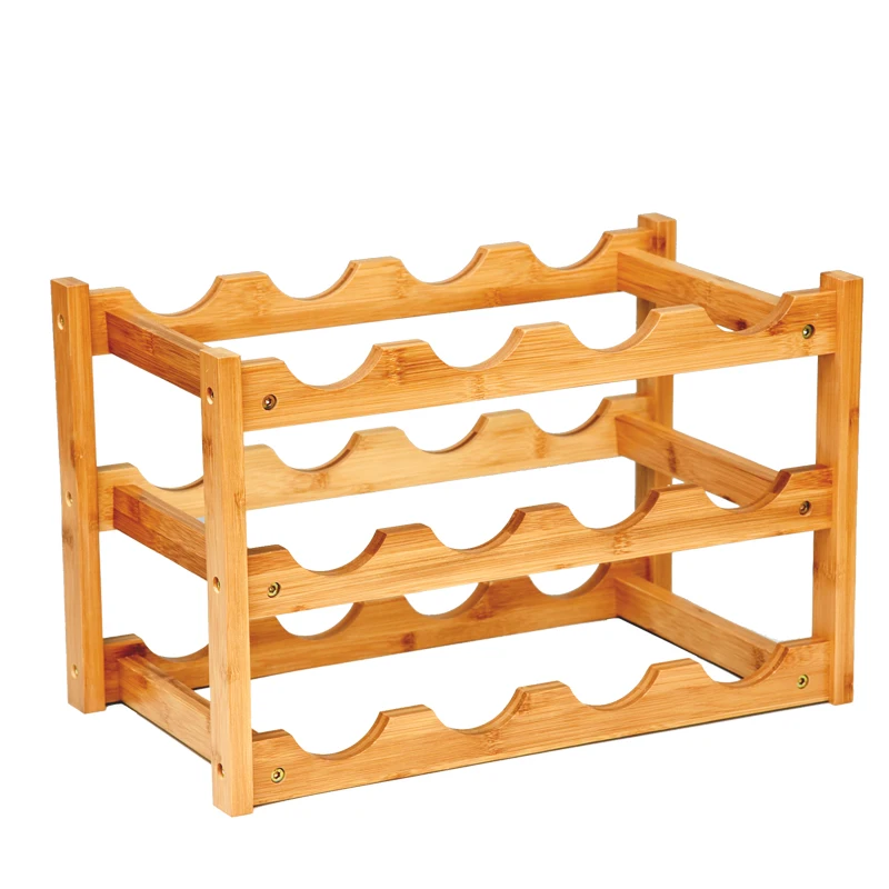 

12 Bottles Wine Rack 3 Tiers Natural Bamboo Countertop Bottle Stand DIY Beer Holder Kitchen Bar Stackable Wine Storage Shelf