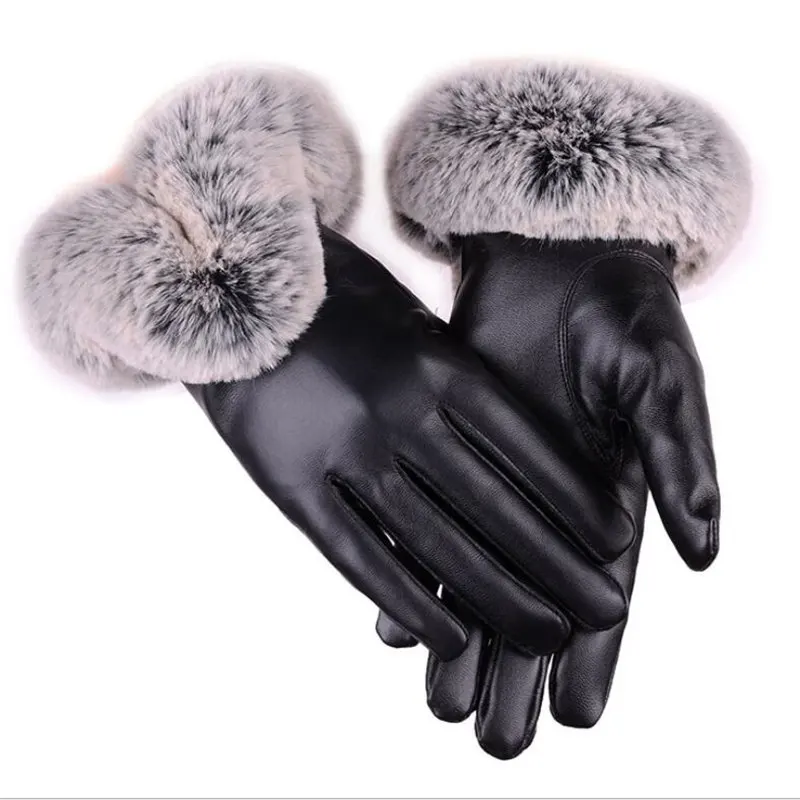 

2019 winter Luxury Women's touch screen gloves Pu Leather Warm Bike Ridding Gloves Ladies