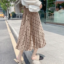 Новые зимние Бархатные юбки в горошек Женская эластичная винтажная Женская плиссированная юбка с высокой талией ретро тонкая Расклешенная Юбка-миди