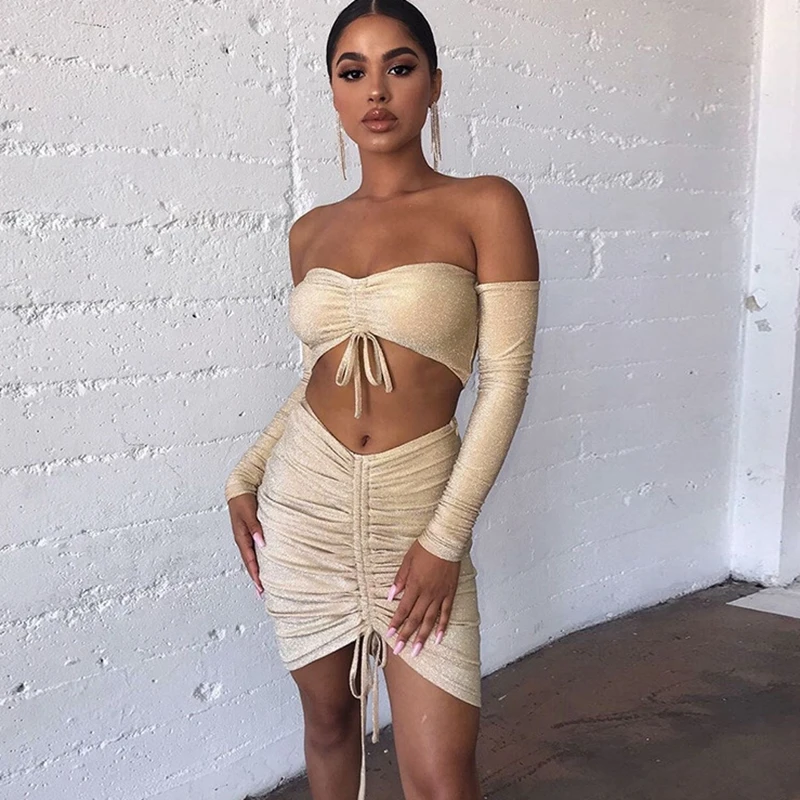 

Women Two Piece Outfits Drawstring Glitter Matching Set Off Shoulder Tracksuit Sexy Knit Suit Top and Skirt Set Shiny Sets Woman