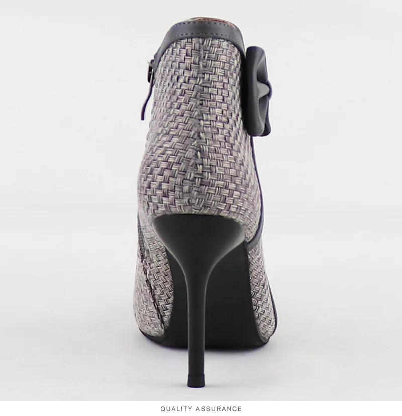 Women Ankle Boots 2021 New Fashion Woven Bow Ladies Shoes Thin High Heels Female Spring Autumn Zipper Blue Black Gray