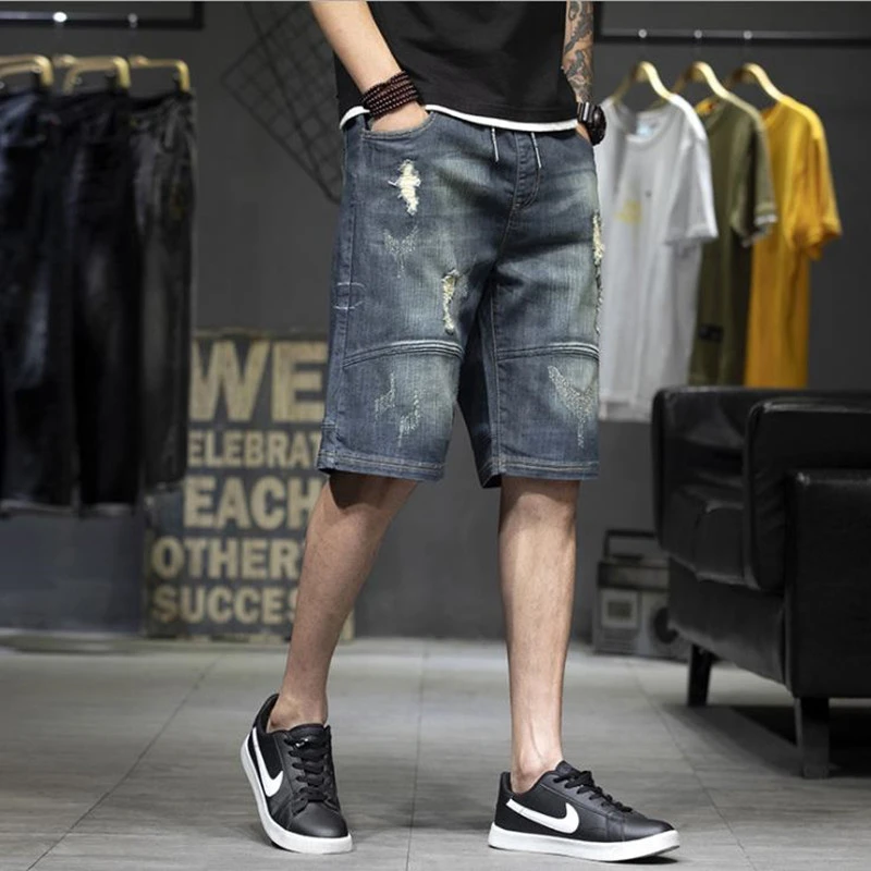 Pantalones cortos vaqueros verano para hombre, Vaqueros cortos elásticos cintura elástica, holgados, ropa informal, XXXXL|Pantalones cortos| AliExpress