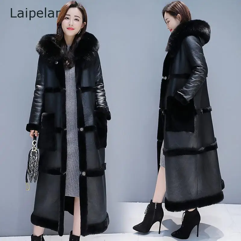 Winter Lamb Fur Coat Women  Fur Collar Faux Leather Thick Warm Long Coat Elegant Metal Magnetic Buttons Coat 2020 New