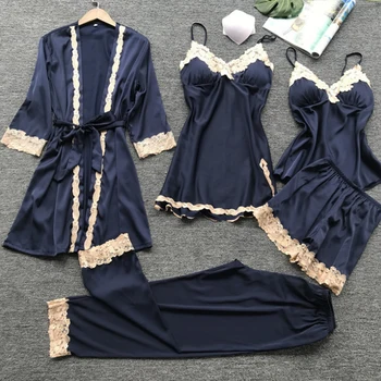 

AIPEACE Women Pajamas 5 Pieces Sets Silk Satin Solid Pyjama Set Sexy Pajamas with Pad Lace Night Suits Sleepwear Home Clothes