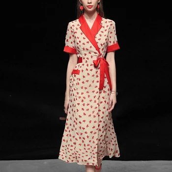 

Seifrmann Summer Fashion Runway Designer Dress Women Vintage Chiffon Notched Bow Floral Print Big swing Ladies Midi Dresses