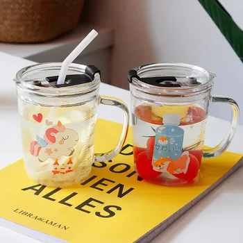 

Ins Cartoon Children's Milk Cups Creative Transparent Glass 400ml Large Capacity Juice Straw Cups Portable Outdoor Water Tumbler