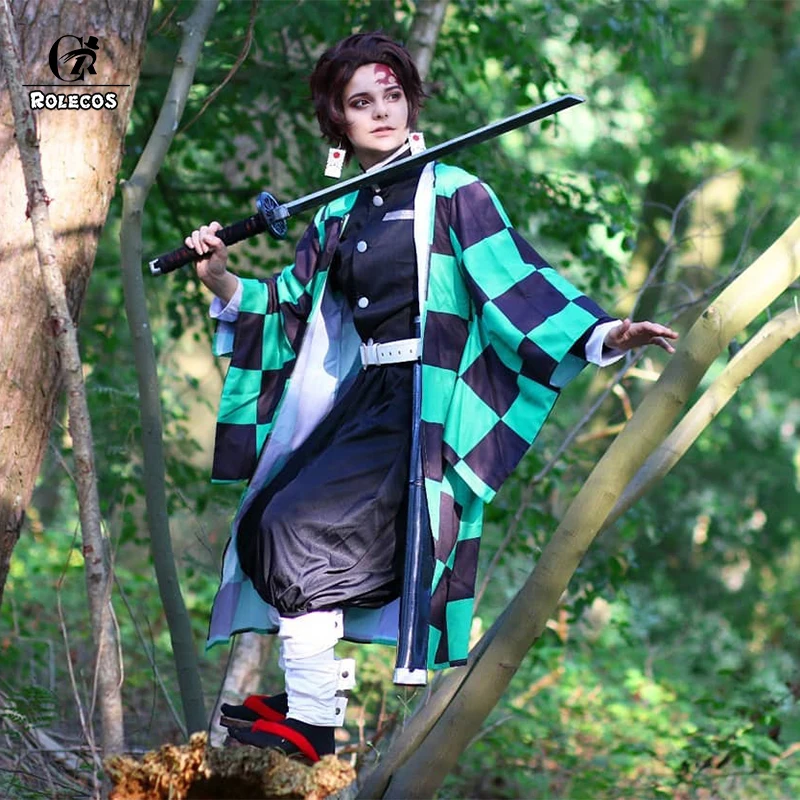 ROLECOS аниме Kimetsu no Yaiba Косплей Костюм Tanjirou Kamado костюм Demon Slayer кимоно полный набор для мужчин Косплей Костюм