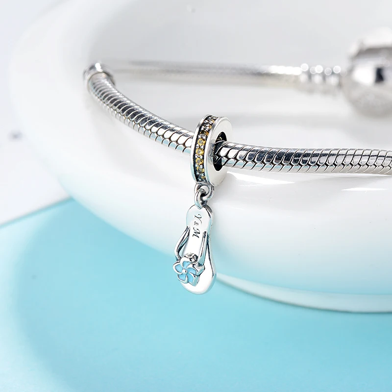 

Strollgirl 925 Sterling Silver flip flops pendant beads blue enamel Zircon charms fit Pandora Bracelet for Women Valentine gift