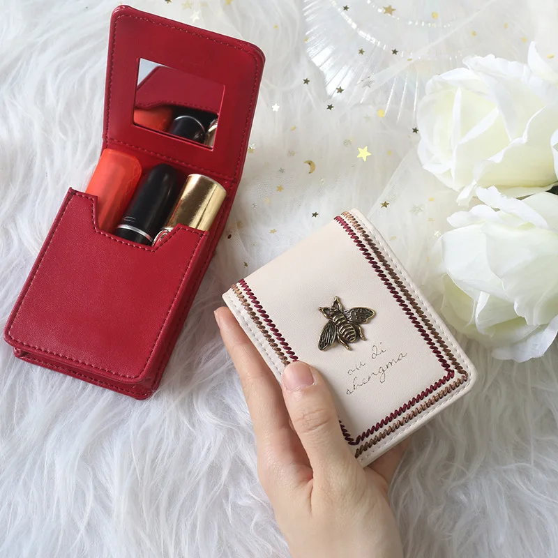 mini creative handbag design car keys storage bag women fashion brand bag shape perfume lipstick earphone storage box purse New Women Lipstick Wallets Fashion Brand Portable Makeup Bag with Mirror Lipstic Case Embroidery Woman Leather Storage Box Purse