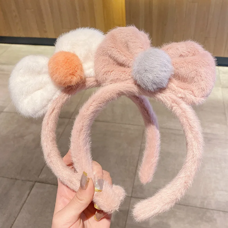 

Furry Bow Hair Hoop Plush Headband DIY For Face Washing Makeup Tool Sweet Hair Accessories Cute Headwear Soft Warm Head Hoop
