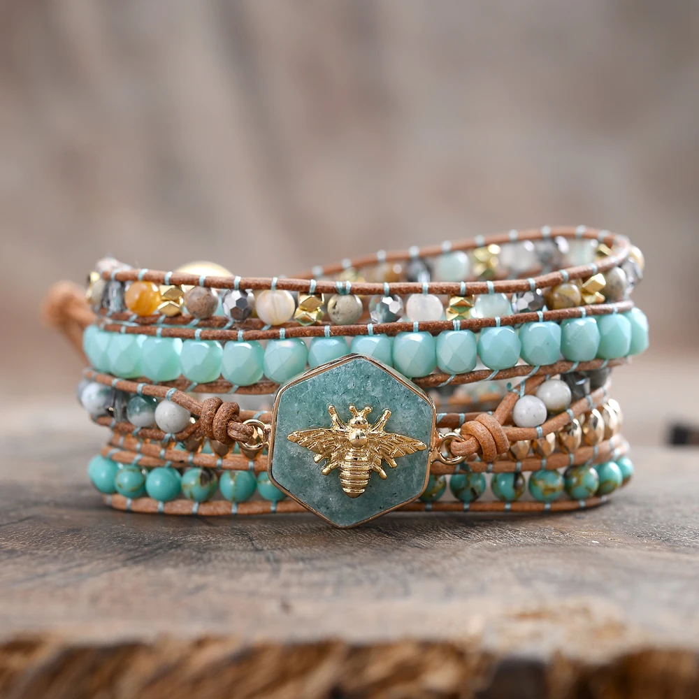 Bee Charm Amazonite Wrap Bracelet