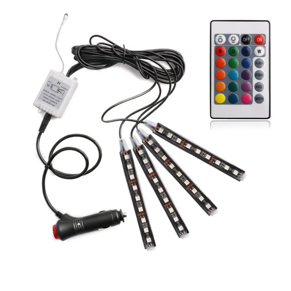 4-in-1 Colorful RGB Light Bar 9LED Ambient Light Car Interior Decorative Light Foot Well Light With Remote Control