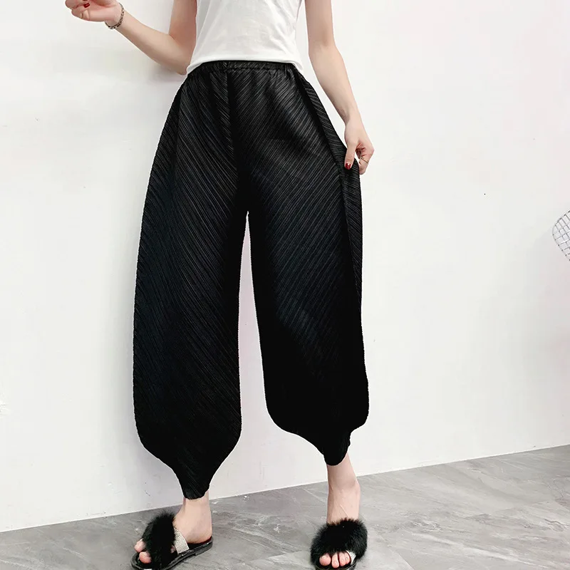

DEAT 2020 New High Waist Harent Pants Small Legs Pleated Loose Big Size Vintage Trousers Black Color 19B-a596
