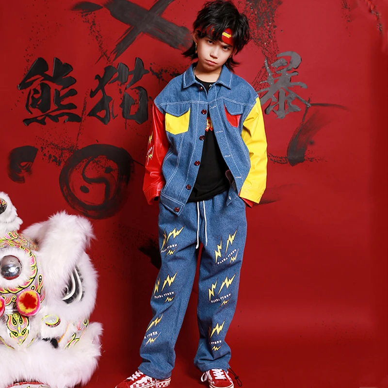Student-Hip-Hop-Dancing-Costume-Red-Yellow-Denim-Jacket-Trousers-Loose-Street-Wear-Girls-Jazz-Dancewear