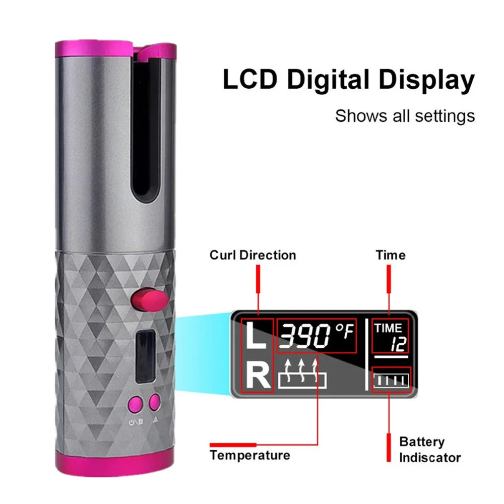 Automatic Hair Curler Cordless USB Rechargeable Curling Iron Curls Waves LCD Display Ceramic Curly Rotating Curling Wave Styer