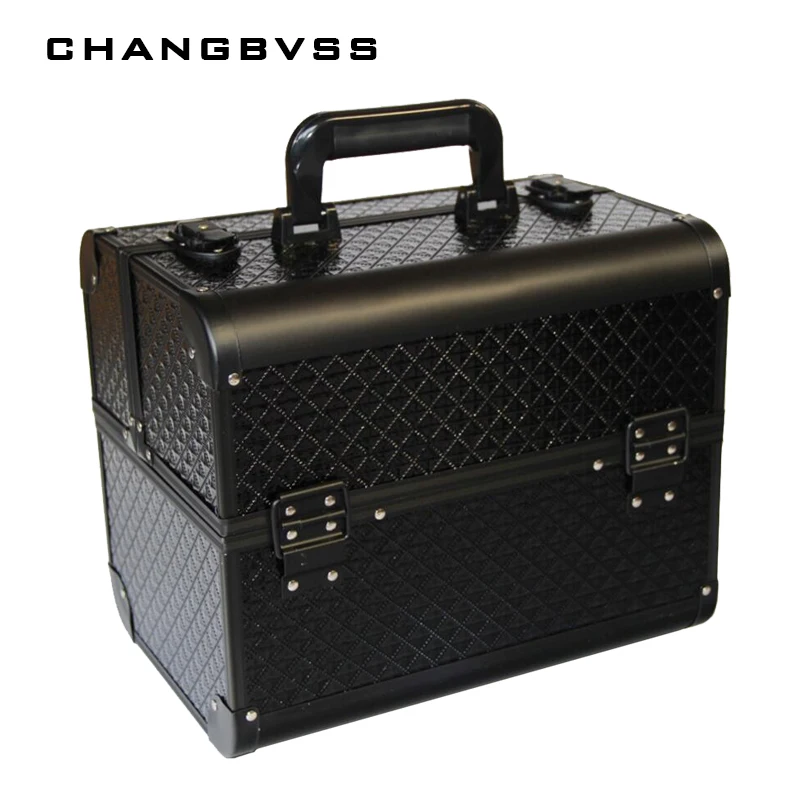 

Luxury Black Cosmetic Organizer Lattice Pattern Women Makeup Organizer Beauty Vanity Case organizador Multi Tiers Make Up Box