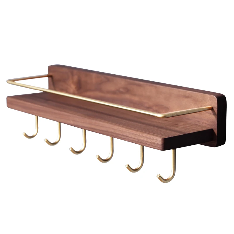  Kitchen Multi-function Racks Brass and Black Walnut Wood Seasoning Storage Rack Wall Hanging Corner - 4000299126858