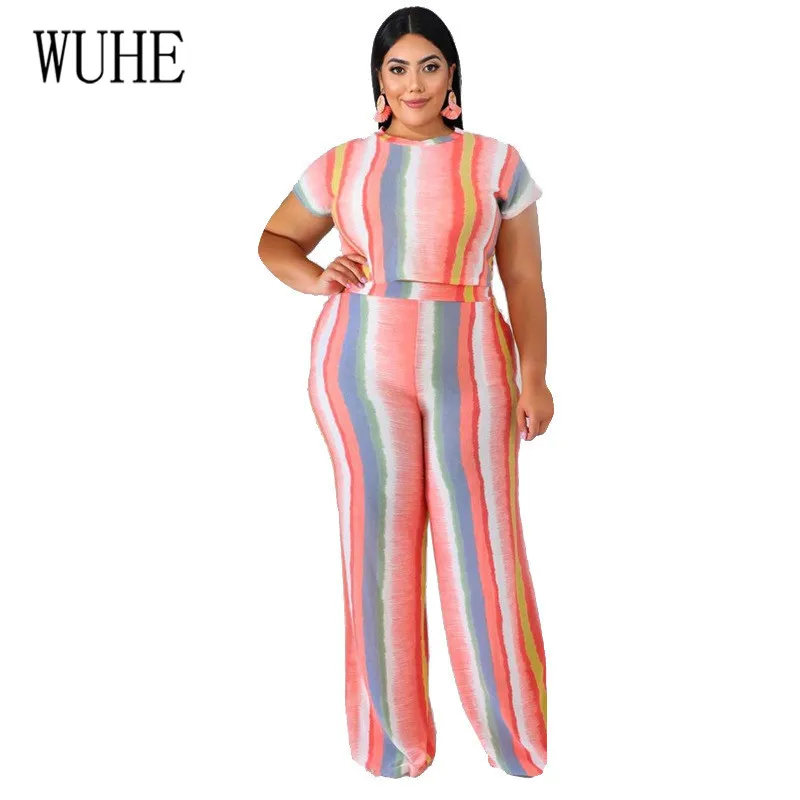 

WUHE Two Pieces Sets Striped Playsuits Elegant O Neck Short Sleeve Top + Loose Pants Summer Women Casual Jumpsuits Plus Size 5XL